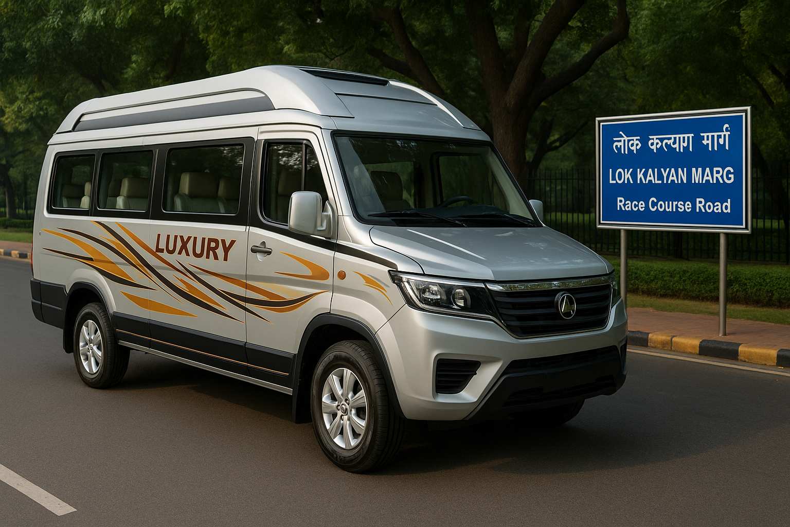 Silver luxury tempo traveller parked on Lok Kalyan Marg near a blue directional board showing "Race Course Road" in New Delhi.